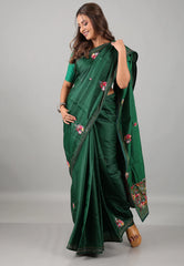 Rama Green Kantha Silk Saree With Blouse Piece - Adi Akshoy & Co.