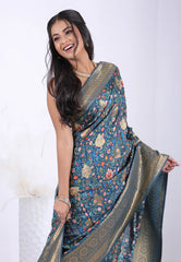 Floral Blue with  Zari work Khaddi Georgette Saree with Blouse Piece  – Adi Akshoy & Co.