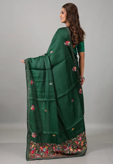 Rama Green Kantha Silk Saree With Blouse Piece - Adi Akshoy & Co.