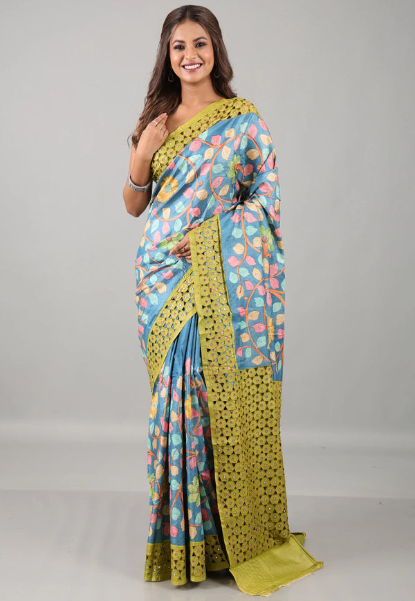 Aqua Blue Pure Tussar Kantha Silk Saree With Blouse Piece - Adi Akshoy & Co.
