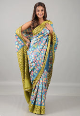 Aqua Blue Pure Tussar Kantha Silk Saree With Blouse Piece - Adi Akshoy & Co.