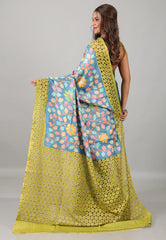 Aqua Blue Pure Tussar Kantha Silk Saree With Blouse Piece - Adi Akshoy & Co.