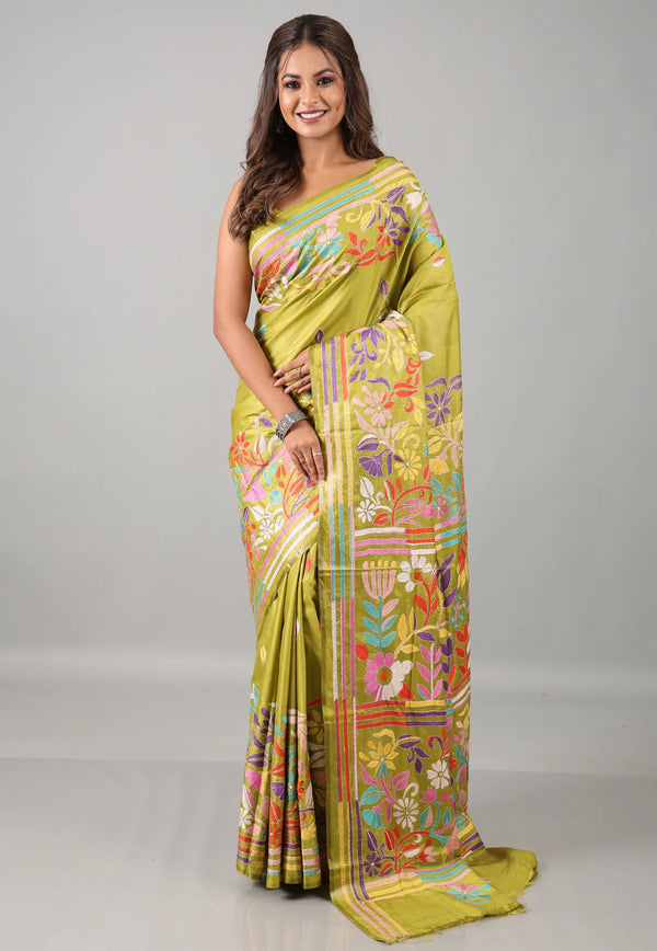 Pesta Green Kantha Silk Saree With Blouse Piece - Adi Akshoy & Co.