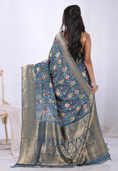 Floral Blue with  Zari work Khaddi Georgette Saree with Blouse Piece  – Adi Akshoy & Co.