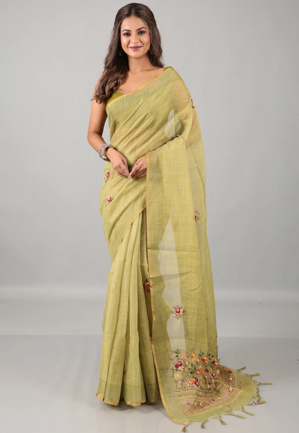 Olive Green Kantha Silk Saree With Blouse Piece - Adi Akshoy & Co.