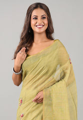 Olive Green Kantha Silk Saree With Blouse Piece - Adi Akshoy & Co.