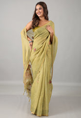 Olive Green Kantha Silk Saree With Blouse Piece - Adi Akshoy & Co.