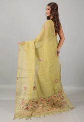 Olive Green Kantha Silk Saree With Blouse Piece - Adi Akshoy & Co.