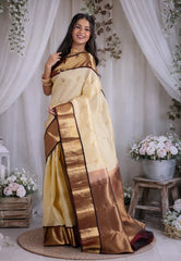 Cream Colour with Magenta contrast Pure Kanjivaram Silk Saree with Blouse Piece - Adi Akshoy & Co.