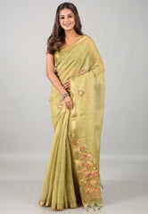 Olive Green Kantha Silk Saree With Blouse Piece  - Adi Akshoy & Co.