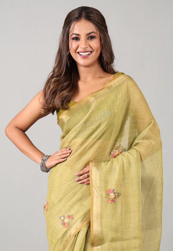 Olive Green Kantha Silk Saree With Blouse Piece  - Adi Akshoy & Co.