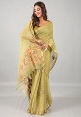 Olive Green Kantha Silk Saree With Blouse Piece  - Adi Akshoy & Co.