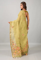 Olive Green Kantha Silk Saree With Blouse Piece  - Adi Akshoy & Co.