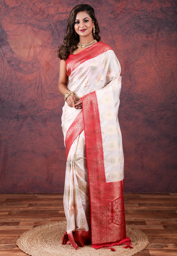 White Tussar Silk Saree with Blouse Piece - Adi Akshoy & Co.