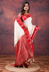 White Tussar Silk Saree with Blouse Piece - Adi Akshoy & Co.