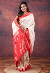White Tussar Silk Saree with Blouse Piece - Adi Akshoy & Co.