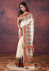 Off White Kani Silk Saree With Blouse Piece - Adi Akshoy & Co.