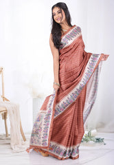 Brown Tussar Silk Saree with Blouse Piece  – Adi Akshoy & Co.