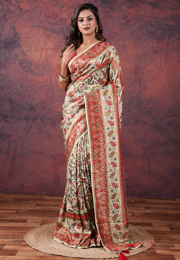 Off White Kani Silk Saree With Blouse Piece - Adi Akshoy & Co.
