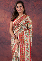 Off White Kani Silk Saree With Blouse Piece - Adi Akshoy & Co.