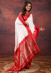 White with Red Border Katan Korial Silk Saree With Blouse Piece - Adi Akshoy & Co.