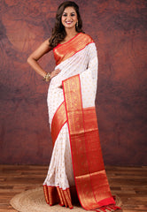 White with Red Border Katan Korial Silk Saree With Blouse Piece - Adi Akshoy & Co.