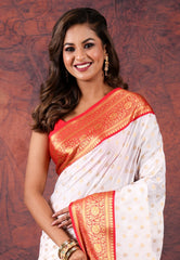 White with Red Border Katan Korial Silk Saree With Blouse Piece - Adi Akshoy & Co.