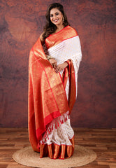 White with Red Border Katan Korial Silk Saree With Blouse Piece - Adi Akshoy & Co.