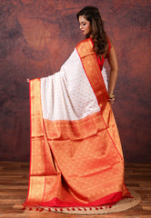White with Red Border Katan Korial Silk Saree With Blouse Piece - Adi Akshoy & Co.