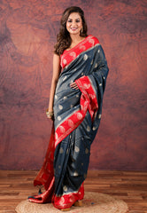 Cross Charcoal Black Tissue Katan Silk Saree With Blouse Piece - Adi Akshoy & Co.