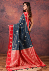 Cross Charcoal Black Tissue Katan Silk Saree With Blouse Piece - Adi Akshoy & Co.