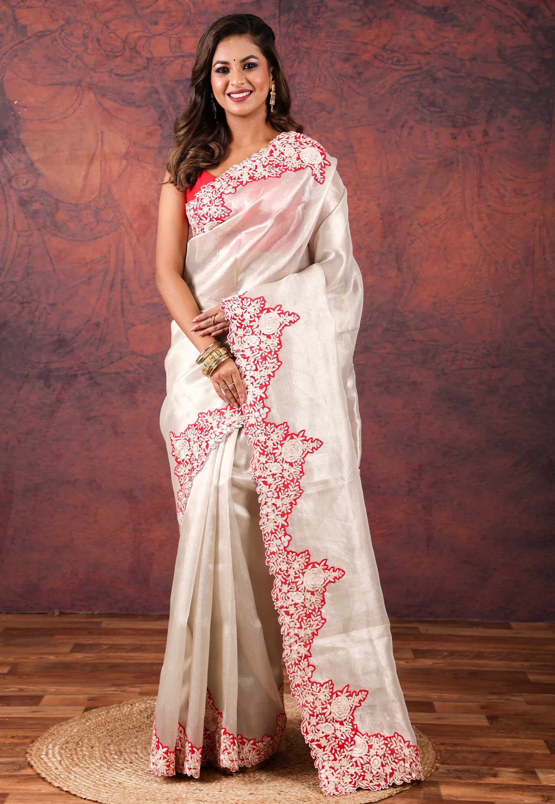 Cream Tissue Kantha Silk Saree With Blouse Piece - Adi Akshoy & Co.