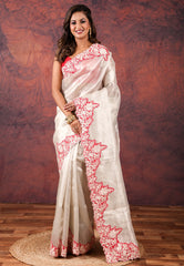 Cream Tissue Kantha Silk Saree With Blouse Piece - Adi Akshoy & Co.