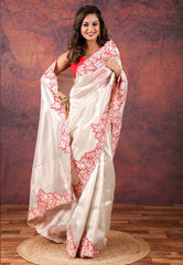 Cream Tissue Kantha Silk Saree With Blouse Piece - Adi Akshoy & Co.