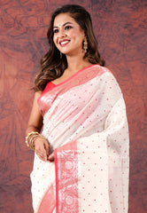 White Tussar Embroidery Work Silk Saree with Blouse Piece - Adi Akshoy & Co.