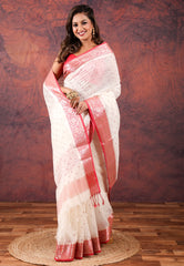 White Tussar Embroidery Work Silk Saree with Blouse Piece - Adi Akshoy & Co.