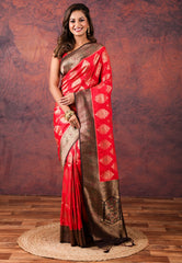 Red Katan Silk Saree With Blouse Piece - Adi Akshoy & Co.