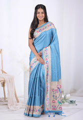 Feroza Blue Tussar Silk Saree with Blouse Piece  – Adi Akshoy & Co.