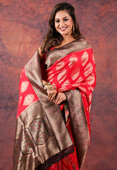 Red Katan Silk Saree With Blouse Piece - Adi Akshoy & Co.
