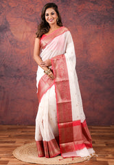 White Tussar Silk Saree with Blouse Piece - Adi Akshoy & Co.