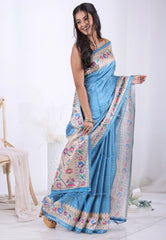 Feroza Blue Tussar Silk Saree with Blouse Piece  – Adi Akshoy & Co.