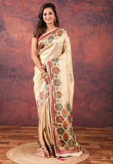 Beige with Golden Kani Silk Saree With Blouse Piece - Adi Akshoy & Co.