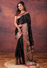 Black Kani Silk Saree With Blouse Piece - Adi Akshoy & Co.