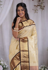Cream Colour with Magenta contrast Pure Kanjivaram Silk Saree with Blouse Piece - Adi Akshoy & Co.