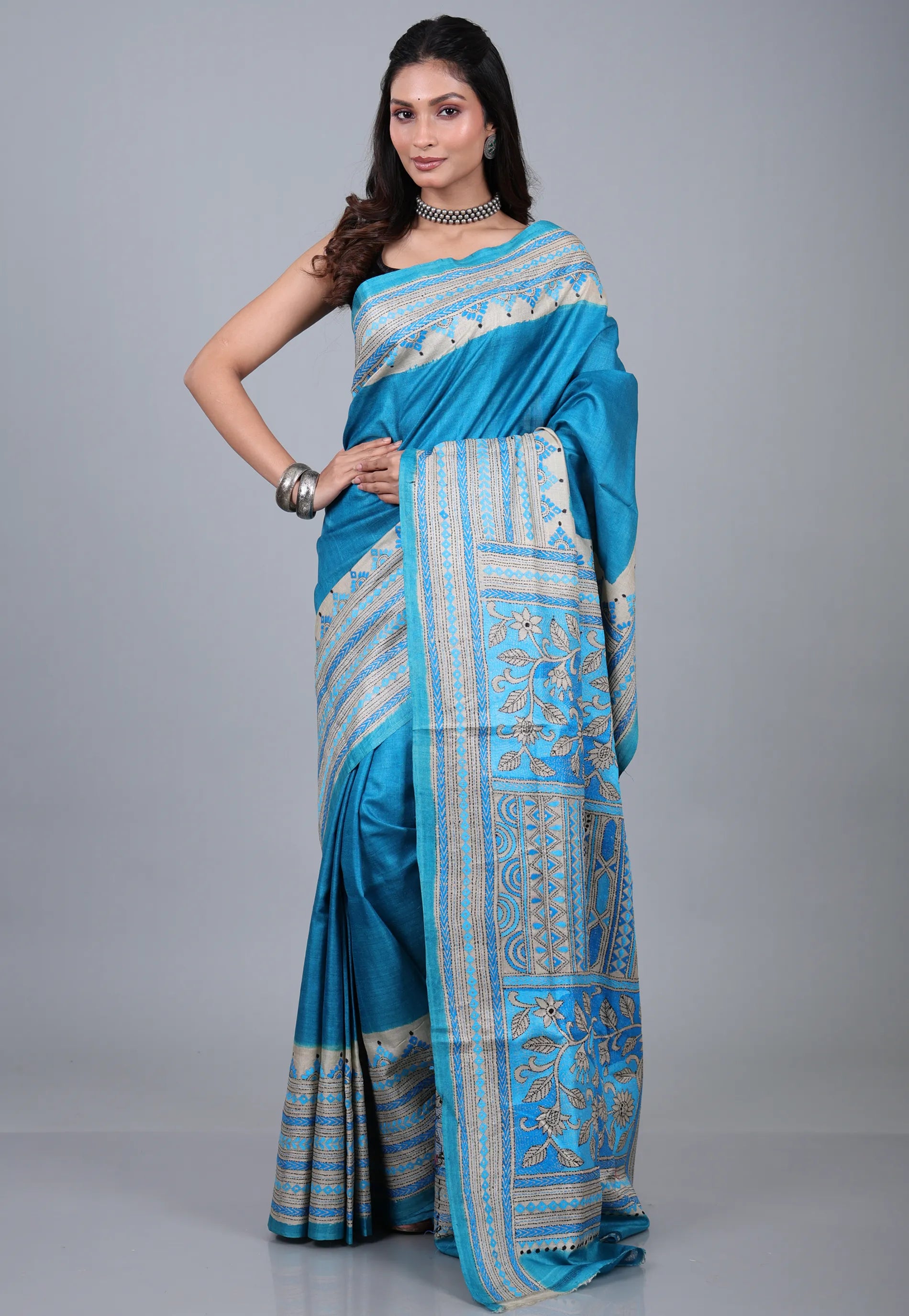 Feroza Blue Pure Tussar Kantha Silk Saree With Blouse Piece - Adi Akshoy & Co.