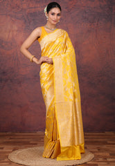 Yellow Pure Katan Jaal Silk Saree with Blouse Piece - Adi Akshoy & Co.