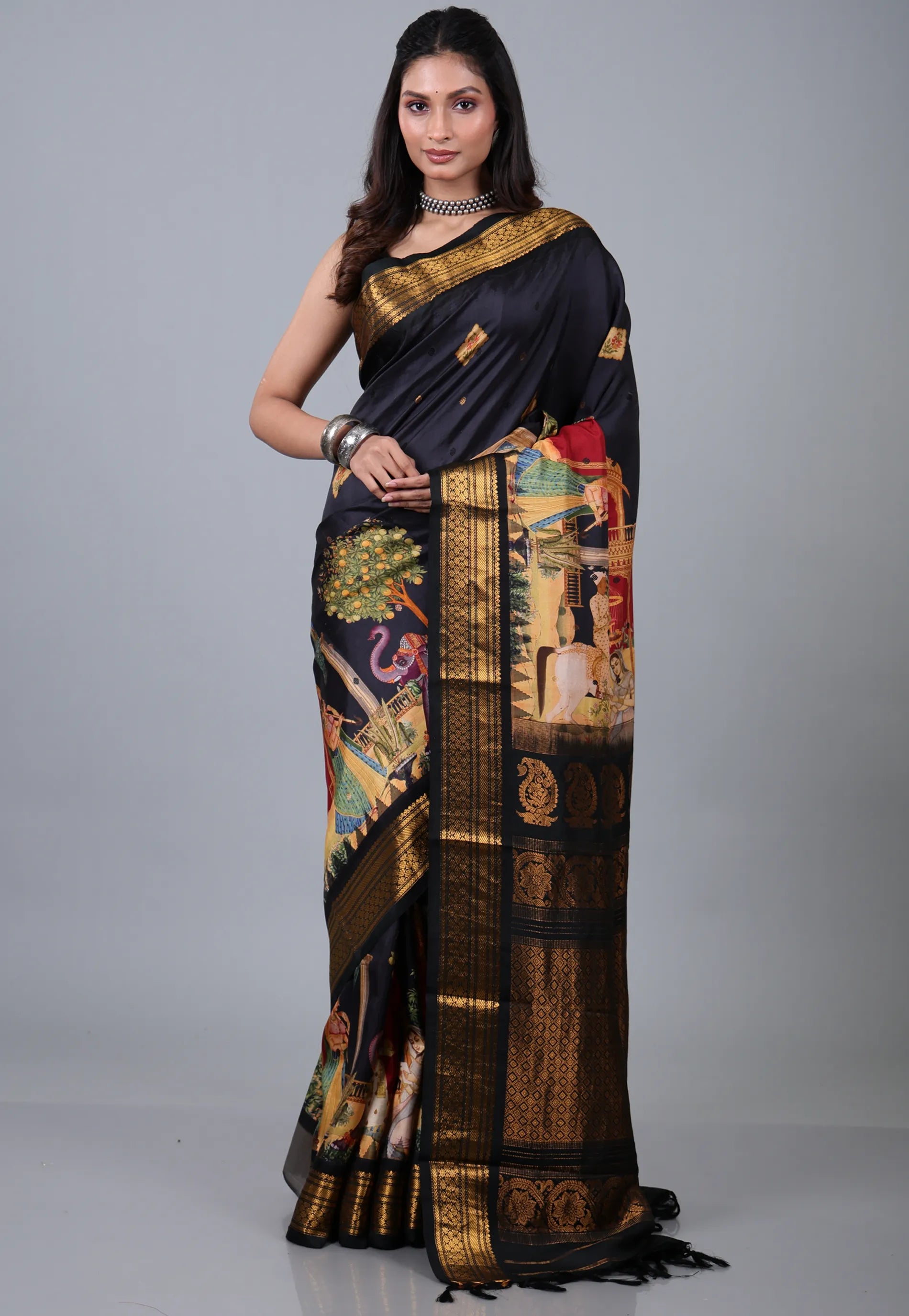 Black Pure Kalamkari Silk Saree with Blouse Piece - Adi Akshoy & Co.
