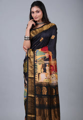 Black Pure Kalamkari Silk Saree with Blouse Piece - Adi Akshoy & Co.