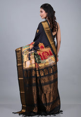 Black Pure Kalamkari Silk Saree with Blouse Piece - Adi Akshoy & Co.