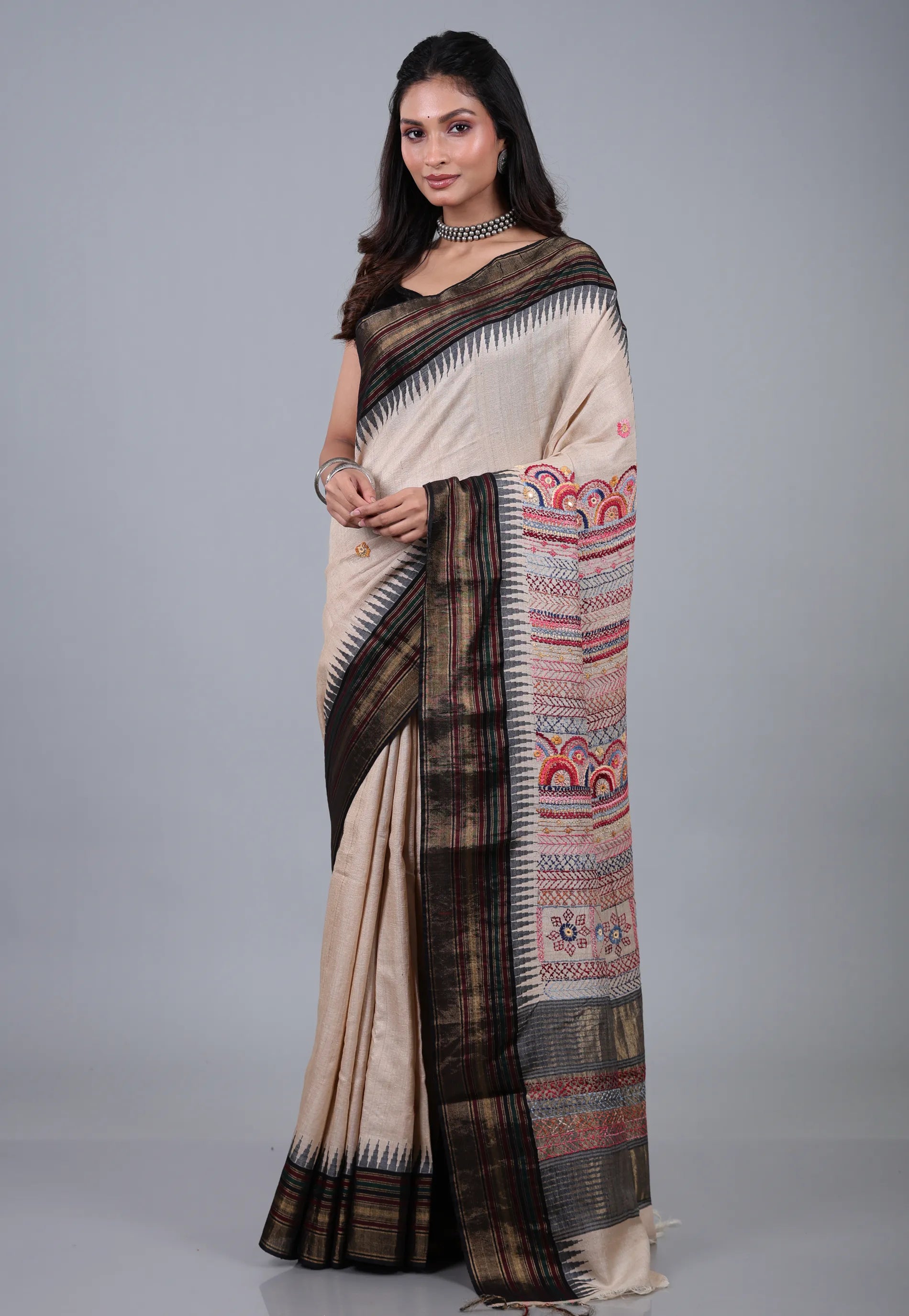 Tussar Colour Pure Tussar Kantha Silk Saree With Blouse Piece - Adi Akshoy & Co.